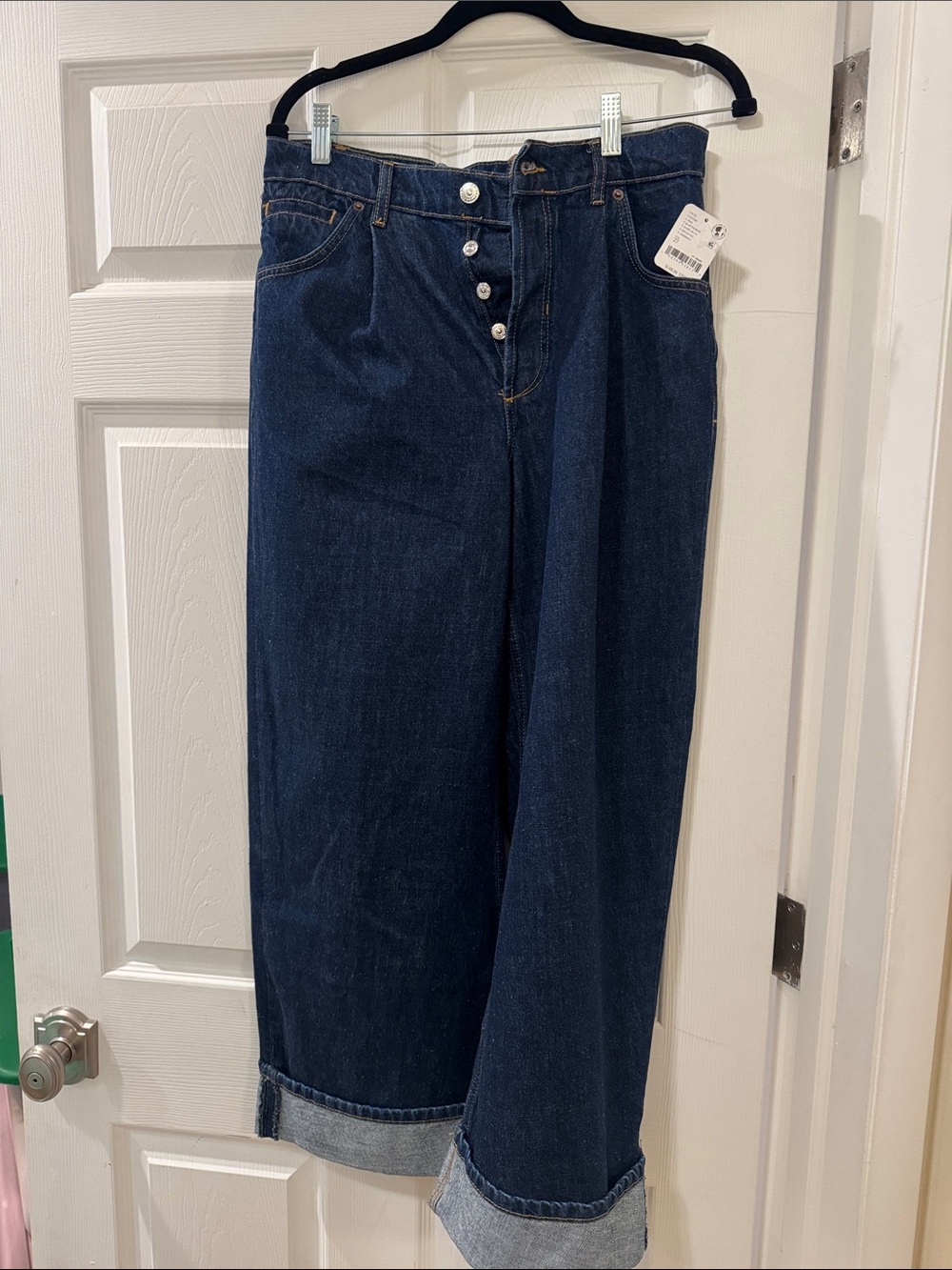 Free People Dark Blue Wide-Leg Button-Fly Jeans